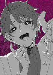 1boy arms_up blush commentary_request fingernails greyscale_with_colored_background hair_behind_ear heart heart-shaped_pupils highres holding holding_syringe jacket lapels looking_at_viewer male_focus needle notched_lapels open_clothes open_jacket open_mouth parted_bangs purple_background shioshio3d short_hair solo sparkle symbol-shaped_pupils syringe takahashi_akira_(yohaji) tongue turtleneck upper_body youkai_gakkou_no_sensei_hajimemashita!