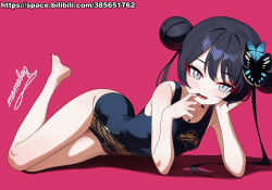 1girl bare_legs barefoot black_hair black_nails black_one-piece_swimsuit blue_archive breasts butterfly_hair_ornament double_bun finger_to_mouth full_body grey_hair hair_bun hair_ornament highres kisaki_(blue_archive) loli long_hair looking_at_viewer lying momobug22 on_side one-piece_swimsuit open_mouth red_background small_breasts solo swimsuit twintails
