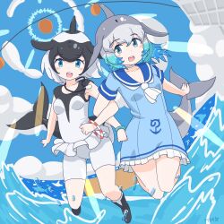 Rule 34 | 2girls, anchor symbol, black boots, black hair, black one-piece swimsuit, blowhole, blue dress, blue eyes, blue hair, blue trim, blush, boots, cetacean tail, choker, commerson&#039;s dolphin (kemono friends), common bottlenose dolphin (kemono friends), dolphin girl, dorsal fin, dress, fins, fish tail, frilled dress, frilled one-piece swimsuit, frills, grey hair, hair between eyes, head fins, highres, japari symbol, jewelry, kemono friends, locked arms, multicolored hair, multiple girls, neckerchief, necklace, one-piece swimsuit, open mouth, ririnasoon, sailor collar, sailor dress, short hair, short sleeves, sidelocks, smile, socks, swimsuit, tail, two-tone hair, two-tone one-piece swimsuit, water, white choker, white hair, white neckerchief, white one-piece swimsuit, white socks