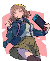 1girl absurdres blush breasts brown_hair collared_shirt commentary_request danganronpa_(series) danganronpa_2:_goodbye_despair flipped_hair hair_ornament handheld_game_console highres holding holding_handheld_game_console hood jacket long_sleeves looking_at_viewer medium_hair nanami_chiaki neck_ribbon open_clothes open_jacket pink_eyes pink_ribbon playing_games pleated_skirt ribbon shirt skirt solo spaceship_hair_ornament thighhighs white_shirt youko-shima