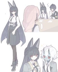 ... 1boy 3girls absurdres animal_ear_fluff animal_ears aqua_jacket asaba_harumasa black_necktie black_pantyhose black_skirt blue_oni blue_skin blunt_bangs collared_shirt colored_skin fox_ears fox_girl hair_between_horns headband high-waist_skirt highres horns hoshimi_miyabi jacket long_hair multicolored_horns multiple_girls necktie oni pantyhose pink_hair red_eyes shirt short_hair skirt sleeves_rolled_up soukaku_(zenless_zone_zero) tsukishiro_yanagi two-tone_horns white_hair white_shirt yellow_headband zenless_zone_zero zzzii0