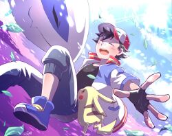 1boy afloat_leaves ash_ketchum baseball_cap black_gloves black_hair black_shirt blue_shoes closed_eyes cloud cloudy_sky fingerless_gloves floating gen_1_pokemon gen_2_pokemon gloves grey_pants hat jacket kipam korean_commentary legendary_pokemon lugia male_focus nintendo open_mouth pants pikachu pokemon pokemon_(anime) pokemon_(creature) protected_link shirt shoes short_hair sky smile