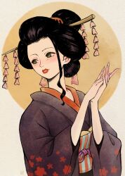 Rule 34 | 1girl, absurdres, black hair, black kimono, blush, circle, commentary, english commentary, eyeliner, floral print, floral print kimono, geisha, green eyes, hair ornament, highres, japanese clothes, kanzashi, kimono, looking to the side, lowrri, makeup, nico robin, nico robin (wano), obi, one piece, palms together, print kimono, red lips, sash, sidelocks, solo, wide sleeves