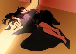 1boy ahoge alternate_hairstyle bare_legs barefoot black_hair black_hanfu chinese_clothes closed_mouth coat crack_of_light full_body grey_coat hair_down hand_on_own_stomach hanfu highres indoors long_hair lying male_focus modao_zushi official_alternate_costume on_back open_clothes open_coat parrrrrrrrko purple_eyes robe sash smile solo wei_wuxian wei_wuxian_(yiling_laozu) wide_sleeves