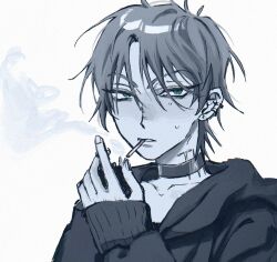 1boy alien_stage choker cigarette commentary ear_piercing earrings english_commentary green_eyes greyscale jewelry long_sleeves looking_at_viewer male_focus monochrome mouth_hold neck_tattoo piercing portrait shinumeru short_hair sleeves_past_wrists smoke solo tattoo till_(alien_stage)