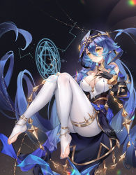 1girl absurdly_long_hair anklet bare_shoulders black_background black_gloves blue_hair blue_hood blue_nails breasts brown_background claw_ring detached_sleeves drill_hair feet floating_hair full_body genshin_impact gloves gold_trim gradient_background hair_between_eyes highres hood hood_up jewelry knees_together_feet_apart knees_up layla_(genshin_impact) legs long_hair long_sleeves magic_circle medium_breasts melailai nail_polish pants pointy_ears ringlets signature solo stirrup_legwear thighlet thighs tight_clothes tight_pants toeless_legwear toenail_polish toenails toes twin_drills very_long_hair white_pants yellow_eyes