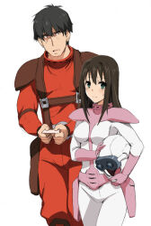 1boy 1girl aqua_eyes black_eyes black_hair blush bodysuit brown_hair chirico_cuvie chirico_cuvie_(cosplay) cosplay fiana fiana_(cosplay) frown unworn_headwear helmet unworn_helmet henshako holding holding_helmet idolmaster idolmaster_cinderella_girls impossible_bodysuit impossible_clothes long_hair looking_at_viewer open_mouth pilot_suit producer_(idolmaster) producer_(idolmaster_cinderella_girls_anime) shibuya_rin soukou_kihei_votoms sweatdrop white_background white_bodysuit