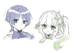 1boy 1girl asymmetrical_sidelocks blunt_ends bodysuit bright_pupils closed_mouth colored_tips covered_collarbone cropped_head cross-shaped_pupils eyelashes genshin_impact green_eyes green_hair hair_between_eyes hair_ornament highres leaf leaf_hair_ornament light_blush limited_palette long_hair looking_at_viewer mandarin_collar monochrome multicolored_hair nahida_(genshin_impact) pointy_ears purple_eyes purple_hair scaramouche_(genshin_impact) shoulder_peek side_ponytail sidelocks symbol-shaped_pupils tareme tenpi_(hello_3152) wanderer_(genshin_impact) white_background white_hair white_pupils wispy_bangs
