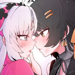 2girls aqua_eyes black_hair blush carlotta_(wuthering_waves) closed_mouth commentary_request dated earrings eye_contact female_rover_(wuthering_waves) from_side hairband hand_on_another&#039;s_face highres imminent_kiss jewelry lipstick_mark lipstick_mark_on_face looking_at_another multiple_girls parted_lips pink_hairband portrait rover_(wuthering_waves) signature starblame triangle_earrings white_hair wuthering_waves yellow_eyes yuri