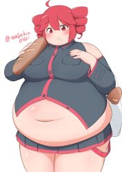 1girl ahoge baguette belly black_shirt black_skirt blush bread breasts chewing detached_sleeves drill_hair eating fat fat_woman food food_in_mouth food_on_face hand_on_own_chest holding holding_food kasane_teto large_breasts masakin midriff navel obese obese_female red_eyes red_hair shirt short_hair skirt solo standing tight_clothes twin_drills twitter_username utau vocaloid white_background