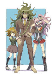 1girl 2boys arm_up barefoot bear_hair_ornament black_boots black_choker black_shirt black_socks blonde_hair blue_eyes boots bow bowtie brown_hair brown_jacket brown_pants brown_skirt brown_suit choker closed_mouth collared_shirt commentary_request crossdressing danganronpa:_trigger_happy_havoc danganronpa_(series) danganronpa_v3:_killing_harmony enoshima_junko fang formal_clothes fujisaki_chihiro glasses gokuhara_gonta green_eyes green_hair green_jacket hair_ornament hands_on_another&#039;s_arm height_difference highres jacket kneehighs kumakoro_(tetsupag) lace-up_boots locked_arms long_hair long_sleeves miniskirt multiple_boys nail_polish necktie no_symbol open_mouth outline pants red_bow red_bowtie red_eyes red_nails red_skirt round_eyewear shirt shoes short_hair short_sleeves skirt smile socks standing suit sweatdrop teeth tongue tongue_out trap twintails two-tone_necktie upper_teeth_only white_outline white_shirt white_shoes yellow_necktie