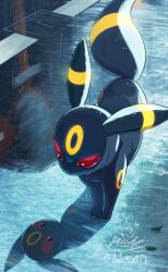 absurdres black_fur colored_sclera commentary_request gen_2_pokemon highres looking_at_reflection nintendo no_humans outdoors pokemon pokemon_(creature) pokemon_focus rain red_sclera reflection signature tatsumi_(panneko) umbreon wet