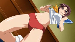Rule 34 | 00s, 1girl, bare legs, blush, breast slip, brown hair, buruma, clothes lift, female focus, floor, gym uniform, ikkitousen, kneeling, mature female, navel, no bra, purple eyes, purple theme, rug beater, school uniform, shirt lift, short hair, smile, socks, solo, sonsaku goei, tagme, white socks