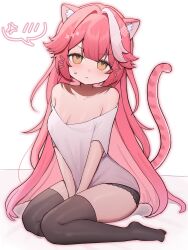1girl alternate_costume anger_vein animal_ears bare_shoulders black_panties black_thighhighs blush breasts cleavage closed_mouth collarbone commentary hair_intakes highres hololive hololive_english large_breasts long_hair looking_at_viewer multicolored_hair no_shoes panther_ears panther_girl panther_tail panties pink_hair raora_panthera shirt shirt_tug sitting solo spoken_anger_vein spoken_blush streaked_hair sweat szuukie tail thighhighs thighs underwear virtual_youtuber white_background white_shirt yellow_eyes
