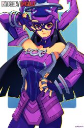 1girl absurdres bare_shoulders black_hair black_nails breasts bright_pupils collarbone covered_navel fingerless_gloves galacta gloves hand_on_own_hip helmet highres lips long_hair looking_at_viewer marvel marvel_rivals medium_breasts nail_polish patreon_username purple_eyes smgold solo w