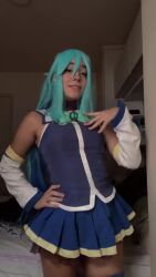 Rule 34 | 1girl, animated, aqua (konosuba), aqua (konosuba) (cosplay), ass, audible music, bare shoulders, blue hair, boots, brazilian (nationality), cosplay, female focus, high heel boots, high heels, indoors, interior, kono subarashii sekai ni shukufuku wo!, long hair, looking at another, looking at viewer, lowres, music, nerokosplayer, photo (medium), real life, skirt, solo, sound, tagme, teeth, thighhighs, video, white thighhighs