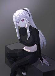 1girl ak-12_(girls&#039;_frontline) artificial_eye black_pants black_shirt girls&#039;_frontline grey_background grey_hair highres long_sleeves mechanical_eye navel pants ponytail purple_eyes shirt solo songhayun9 unusually_open_eyes