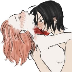 2girls black_hair black_nails blood blood_on_face blood_on_neck blush breasts closed_eyes commentary ear_piercing english_commentary fangs highres hug komatsu_nana long_hair medium_breasts multiple_girls nana_(series) nude open_mouth orange_hair osaki_nana piercing pointy_ears short_hair simple_background vampire white_background y4ntaoist yuri