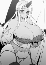 Rule 34 | 1girl, blush, bra, breasts, closed mouth, cowboy shot, crack, cracked wall, crotchless, crotchless panties, elakan, garter belt, greyscale, horns, huge breasts, lace, lace bra, long hair, looking at viewer, monochrome, monster musume no iru nichijou, nipples, panties, pussy, single horn, smile, solo, thighhighs, tionishia, uncensored, underwear