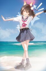 Rule 34 | !, !!, 1girl, absurdres, animal ears, beach, belt, black belt, black shoes, black skirt, blue archive, brown hair, commentary, crossed legs, fangs, fox ears, fox girl, fox hair ornament, grey socks, hair between eyes, hair ornament, halo, highres, izuna (blue archive), looking at viewer, midriff peek, miniskirt, navel, open mouth, outdoors, pleated skirt, red halo, school uniform, serafuku, shoes, short hair, short sleeves, skirt, smile, socks, solo, white serafuku, yellow eyes, youzidmw