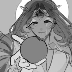 1girl angel angel_wings apple breasts cleavage colored_skin cookie_run cookie_run:_kingdom dress eternal_sugar_cookie food fruit halo highres holding holding_food holding_fruit humanization lazanya_011 long_hair looking_at_viewer monochrome smile solo very_long_hair white_dress wings