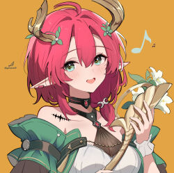 1girl absurdres ahoge bare_shoulders black_choker choker ciaccona_(wuthering_waves) green_eyes hair_between_eyes hair_intakes highres holding holding_microphone_stand looking_at_viewer medium_hair microphone_stand minusk9 musical_note open_mouth orange_background pointy_ears red_hair simple_background smile solo tacet_mark_(wuthering_waves) teeth tree_horns twitter_username upper_body upper_teeth_only white_wrist_cuffs wrist_cuffs wuthering_waves