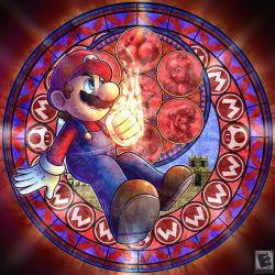 1boy amyroser brown_footwear brown_hair clenched_hand commentary dive_to_the_heart english_commentary flaming_hand gloves hair_behind_ear highres kingdom_hearts luigi mario mario_(series) nintendo overalls parody princess_peach red_headwear red_shirt shirt smile solo stained_glass super_star_(mario) super_mario_bros._2 super_mario_world super_smash_bros. toad_(mario) watermark white_gloves yoshi