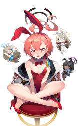 4girls absurdres ahoge akane_(blue_archive) akane_(bunny)_(blue_archive) animal_ears asuna_(blue_archive) asuna_(bunny)_(blue_archive) asymmetrical_bangs bare_legs bare_shoulders blue_archive bow bowtie braid detached_collar glasses high_heels highres indian_style jacket karin_(blue_archive) karin_(bunny)_(blue_archive) leotard looking_at_viewer manic_shd mole mole_under_eye multiple_girls neru_(blue_archive) neru_(bunny)_(blue_archive) orange_hair playboy_bunny print_jacket rabbit_ears rabbit_tail red_bow red_bowtie red_eyes red_footwear red_leotard shoe_dangle simple_background single_braid sitting solo_focus stool strapless strapless_leotard sukajan tag tail white_background