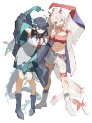 2girls anger_vein arknights bandeau black_hair closed_eyes colored_skin dragon_girl dragon_horns dragon_tail dusk_(arknights) earrings eastern_dragon_tail gradient_skin green_hands green_horns green_skin highres horns jewelry multicolored_hair multiple_girls nian_(arknights) pointy_ears red_bandeau red_skin siblings sisters streaked_hair tail tassel tassel_earrings tropicalnight29 white_hair