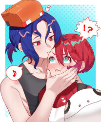 Rule 34 | !?, 1boy, 1girl, absurdres, amate yuzuriha, aqua eyes, blue hair, closed mouth, gundam, gundam gquuuuuux, hand on another&#039;s cheek, hand on another&#039;s face, haro, highres, holding, multicolored clothes, multicolored hair, ponytail, purple hair, red eyes, red hair, robot, satsuki (popopomama 52), short hair, shuji ito, sweater, tank top, upper body
