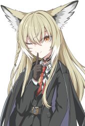 1girl ;) absurdres animal_ears arknights belt belt_buckle black_belt black_coat black_gloves black_jacket blonde_hair braid buckle c: closed_mouth coat coat_on_shoulders commentary facial_scar finger_to_mouth gloves hair_between_eyes highres jacket lapels long_hair long_sleeves looking_at_viewer moochiyuki multicolored_hair necktie one_eye_closed orange_eyes red_necktie scar scar_on_cheek scar_on_face simple_background smile solo streaked_hair tassel vulpisfoglia_(arknights) white_background white_hair