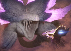 absurdres aircraft airship cloud cloudy_sky commentary copyright_notice english_commentary extra_eyes final_fantasy final_fantasy_x glowing glowing_wings highres john_tedrick magic:_the_gathering midair monster official_art open_mouth scenery sin_(ff10) sky wide_mouth wings