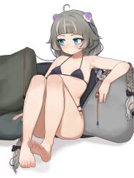 1girl :/ ahoge arched_bangs arm_at_side arm_rest armpits audio_jack bare_arms bare_legs bare_shoulders barefoot bikini black_bikini blue_eyes breasts character_request closed_mouth copyright_request full_body gear_(user_crga2573) grey_hair halterneck headgear knees_up leaning_back legs light_blush long_hair looking_to_the_side low_twin_braids mole mole_under_eye multi-strapped_bikini_bottom multicolored_hair pillow sideways_glance simple_background sitting small_breasts soles solo streaked_hair string_bikini swimsuit toes twin_braids very_long_hair virtual_youtuber white_background