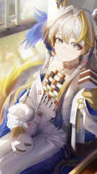 1girl absurdres arknights bare_shoulders bead_necklace beads blonde_hair breasts cake cake_slice closed_mouth collarbone cuckooing dragon_girl dragon_horns earrings eastern_dragon_horns eastern_dragon_tail food grey_eyes hair_intakes highres holding holding_plate horns jewelry long_hair long_sleeves looking_at_viewer necklace plate pointy_ears shu_(arknights) sitting smile solo strapless tube_top