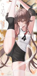 1girl :q alternate_costume armpits arms_up black_shorts blurry blurry_background blush boo_tao_(genshin_impact) brown_hair commentary_request covered_navel cowboy_shot elbow_pads flexible flower-shaped_pupils genshin_impact highres hu_tao_(genshin_impact) kabu_usagi knee_pads looking_ahead low_twintails number_print paid_reward_available print_shirt shirt short_shorts shorts sidelocks signature skindentation sleeveless sleeveless_shirt solo split sportswear standing standing_on_one_leg standing_split symbol-shaped_pupils thick_thighs thighhighs thighs tongue tongue_out translation_request twintails v-shaped_eyebrows volleyball_uniform white_shirt white_thighhighs