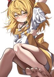 1girl absurdres arm_up artist_request averting_eyes back_bow bare_shoulders black_choker blonde_hair blurry blurry_foreground blush bow choker commentary_request commission convenient_leg dress feet frown halterneck highres horns korean_commentary long_hair long_sleeves looking_down mase_(hwangabi) multicolored_dress off-shoulder_dress off_shoulder original red_horns simple_background sitting toes white_background white_dress yellow_bow yellow_dress yellow_eyes