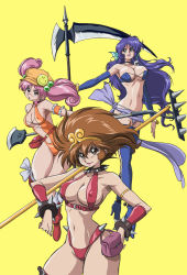 00s 3girls arisugawa_mayuko blue_hair curvy female_focus hanao_usagi highleg highleg_leotard iyashite_agerun_saiyuki leather leotard moriyama_izumi multiple_girls nipples pink_hair scythe shiny_skin smile standing sun_wukong team thigh_strap thighs thong twintails uchida_yorihisa yellow_background