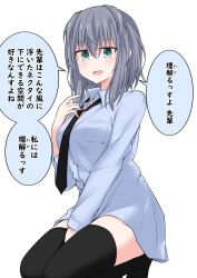 1girl absurdres aqua_eyes breasts highres jitome kneeling kuromiya_sakana large_breasts looking_at_viewer necktie no_pants original solo thighhighs translated