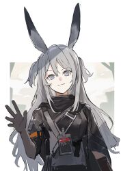 1girl absurdres animal_ears arknights black_gloves black_jacket closed_mouth commentary elbow_gloves gloves grey_eyes grey_hair hair_between_eyes hand_up highres jacket light_blush light_smile long_hair looking_at_viewer savage_(arknights) solo strap sudadachi waving white_background