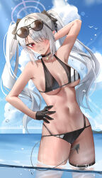 1girl absurdres arm_behind_head armpits bare_arms bare_legs bare_shoulders black_choker black_gloves black_tail blue_archive blush breasts choker closed_mouth collarbone cowboy_shot day demon_tail emduck eyewear_on_head gloves grey_hair grey_halo hair_over_one_eye halo highres iori_(blue_archive) iori_(swimsuit)_(blue_archive) long_hair looking_at_viewer navel outdoors partially_submerged red_eyes small_breasts solo sunglasses tail thigh_strap twintails underboob water