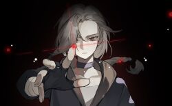 Rule 34 | 1girl, akechi (826988799), black background, black choker, black gloves, braid, braided ponytail, choker, fingerless gloves, gloves, grey hair, hand up, highres, luo xiaohei zhanji, luye (the legend of luoxiaohei), red eyes, solo, upper body