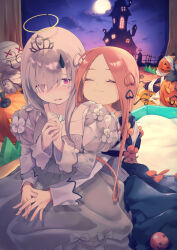 2girls :3 ^_^ abigail_williams_(fate) absurdres blush closed_eyes coffin curtains daisi_gi dress fake_halo fate/grand_order fate_(series) flower flower_necklace grey_dress grey_hair halloween halo highres horns hug hug_from_behind jack-o&#039;-lantern jewelry juliet_sleeves lavinia_whateley_(fate) long_hair long_sleeves matching_outfits moon multiple_girls mummy necklace night night_sky orange_hair own_hands_clasped own_hands_together pink_eyes puffy_sleeves pumpkin single_horn sitting sky tiara wavy_mouth
