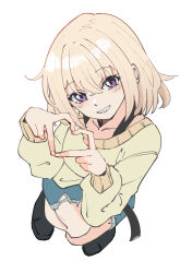 1girl absurdres bang_dream! bang_dream!_it&#039;s_mygo!!!!! blonde_hair blue_shorts clenched_teeth commentary four-finger_heart_hands hair_between_eyes heart heart_hands highres long_sleeves looking_at_viewer masruu medium_hair misumi_uika open_mouth parted_lips purple_eyes shorts simple_background solo sweater teeth textless_version white_background yellow_sweater