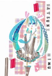 1girl :o abstract aqua_hair ayamesorano blue_collar blue_eyes blue_hair character_name check_commentary collar commentary_request cowboy_shot floral_print green_hair grey_sleeves grey_thighhighs hair_between_eyes hair_ribbon hatsune_miku masking_tape_(medium) minimalism miniskirt multicolored_hair open_mouth own_hands_together pink_ribbon ribbon shirt skirt sleeveless sleeveless_shirt solo thighhighs twintails unconventional_media vocaloid white_shirt