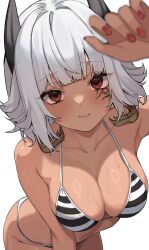 1girl absurdres arm_up armpits bare_shoulders bent_over bikini blurry blurry_foreground breasts character_request cleavage closed_mouth collarbone cowboy_shot facial_mark halterneck highres horns indie_virtual_youtuber looking_at_viewer medium_breasts medium_hair mugripley nail_polish red_eyes red_nails simple_background smile solo string_bikini striped_bikini striped_clothes swimsuit virtual_youtuber wet white_background white_bikini white_hair