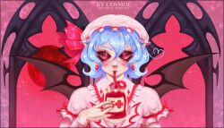 1girl absurdres bat_wings black_wings blood blood_bag blue_hair collared_shirt cosmoe_art drinking drinking_blood french_commentary frilled_shirt_collar frilled_sleeves frills full_moon hair_between_eyes hat highres jewelry looking_at_viewer medium_hair moon nail_polish pink_background pink_hat pink_shirt puffy_short_sleeves puffy_sleeves red_eyes red_moon red_nails red_ribbon remilia_scarlet ribbon ribbon-trimmed_headwear ribbon_trim ring shirt short_sleeves sleeve_ribbon solo touhou upper_body wings