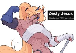 Rule 34 | 1girl, abs, bandaged arm, bandages, blue gloves, blue horns, breasts, dark-skinned female, dark skin, dee (zestyjesus), eyepatch, flexing, from below, gloves, green eyes, horns, huge breasts, light smile, looking at viewer, original, parted lips, ponytail, second-party source, solo, underboob