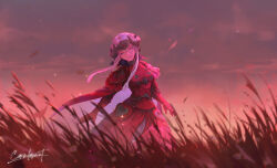 1girl armored_gloves breasts cainlawiet cape cloud cloudy_sky collared_cape commentary dawn double_bun dress edelgard_von_hresvelg edelgard_von_hresvelg_(timeskip) english_commentary fake_horns falling_leaves fire_emblem fire_emblem:_three_houses grass hair_bun hair_flowing_over hair_up head_tilt headpiece high_collar highres horns leaf looking_at_viewer medium_breasts nintendo outdoors parted_lips purple_eyes purple_sky red_cape red_dress shade sky solo standing upper_body white_hair wind