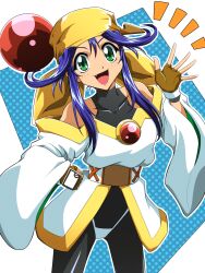 1girl bandana black_bodysuit blue_hair bodysuit brown_gloves commentary_request fang fingerless_gloves gloves green_eyes hair_ornament hat highres japanese_clothes lime_(saber_j) long_hair mamiya_myanmar robe saber_marionette_j sleeveless_turtleneck_bodysuit smile solo turtleneck turtleneck_bodysuit waving white_robe yellow_hat
