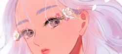 1girl flower grey_eyes lips meecosme original parted_lips petals pink_flower portrait purple_hair signature solo tagme upper_body white_flower